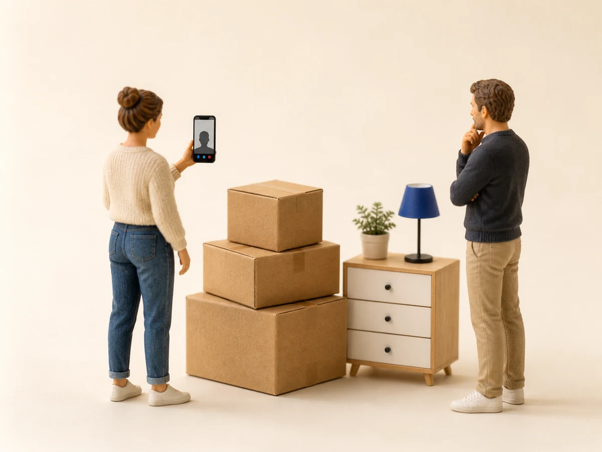 Videollamada para preparar una mudanza junto a cajas y un mueble