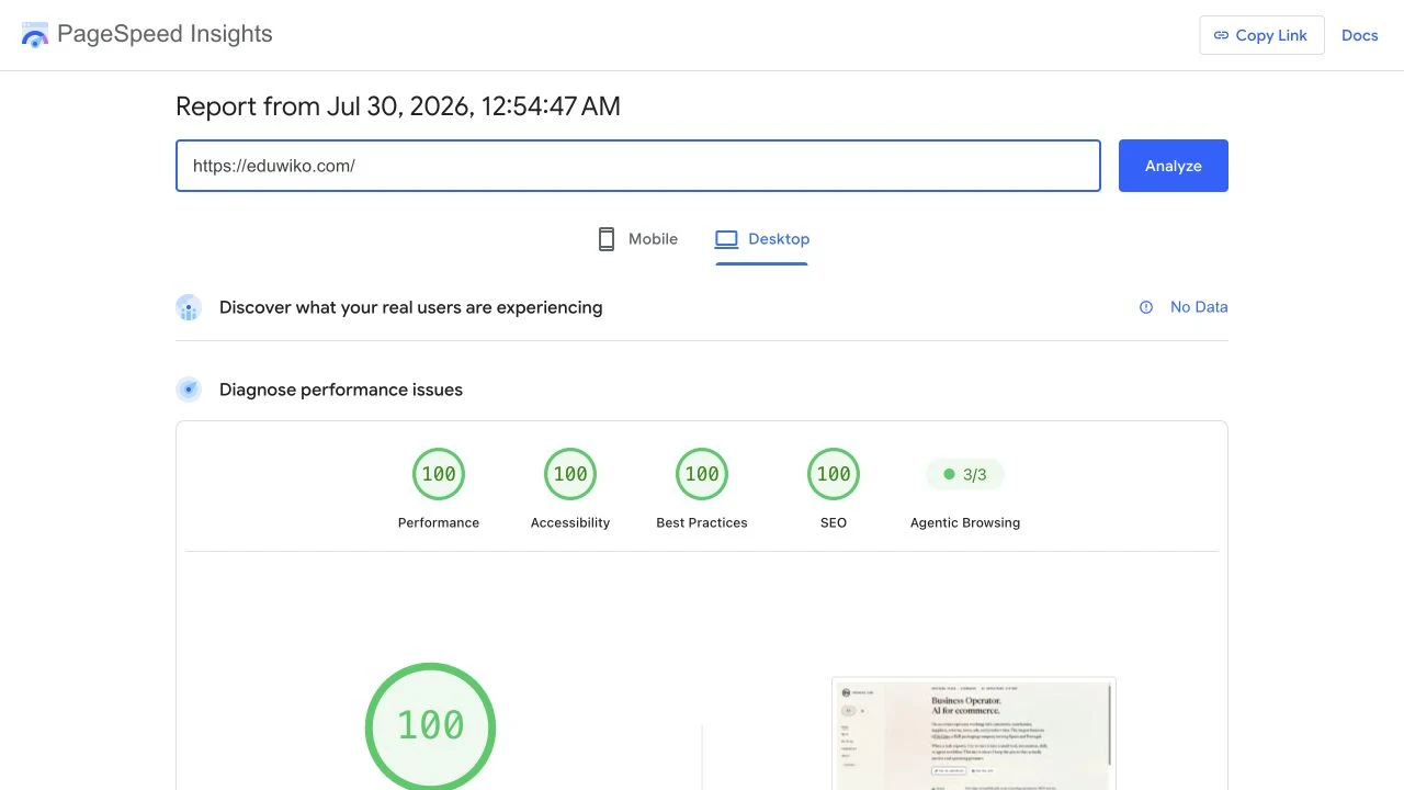 Informe de PageSpeed Insights de Eduwiko con rendimiento 100 y contenido principal cargado en 0,8 segundos